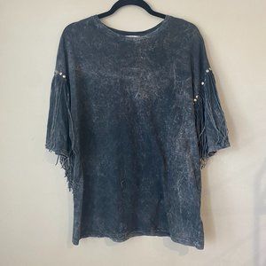 Gray Tie-Dye Oversized Shirt with Fringes